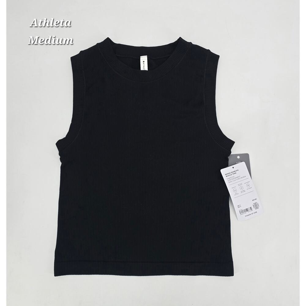 Athleta Renew Seamless Muscle Tank Black Ribbed Crop M NWT Minimalist Athleisure - Picture 2 of 6